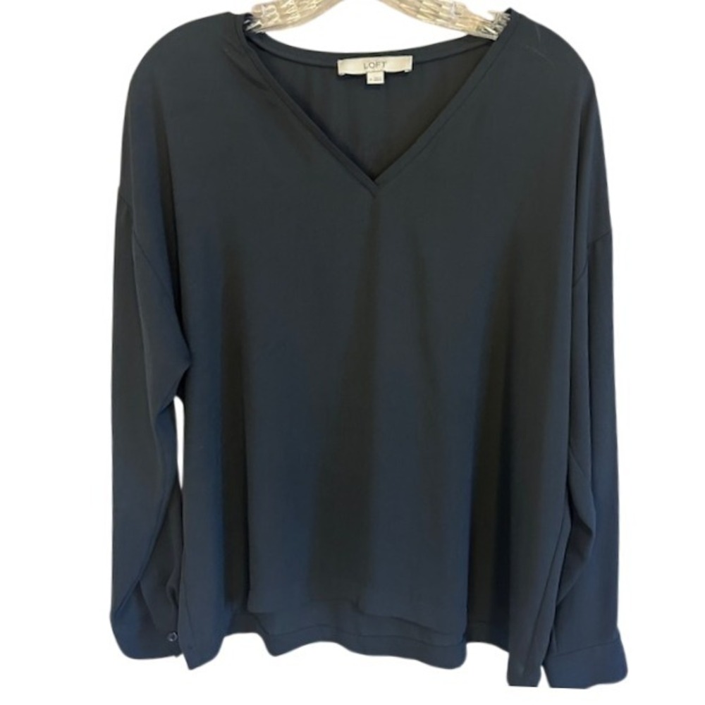 Ann Taylor LOFT‎ Women's Black Long Sleeve V-Neck Blouse MD